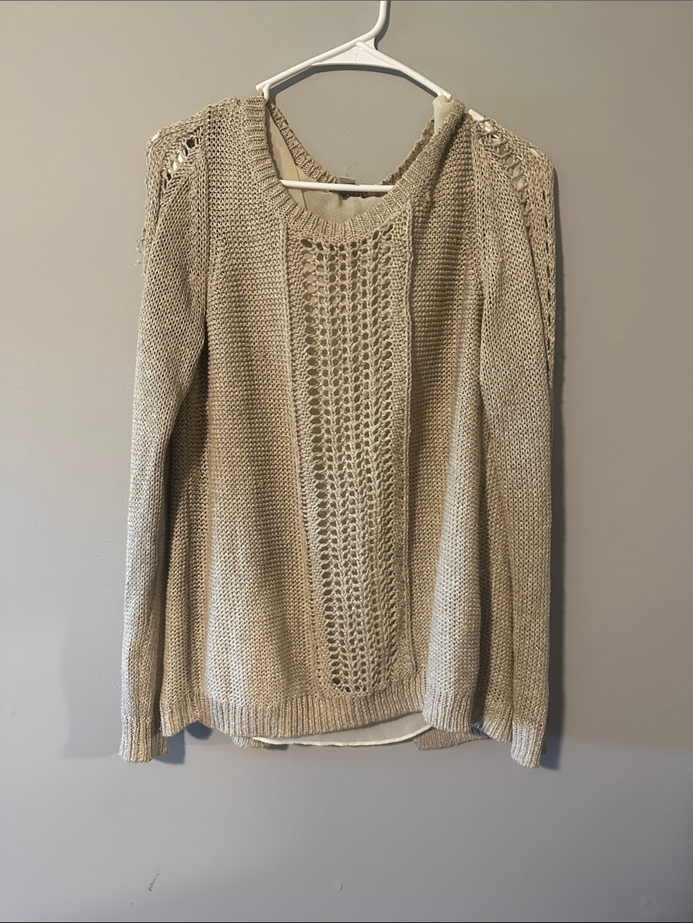 Lucky Brand Beige Open-Knit Scoop Neck Sweater